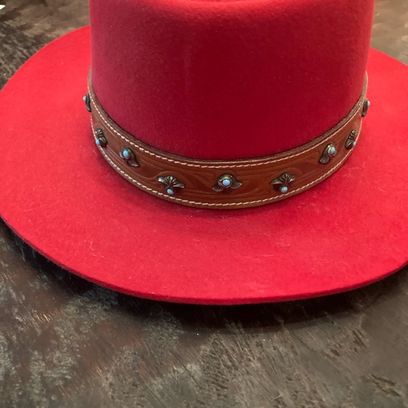 French made Red Felt Hat with leather headband w/ turquoise & silver finding’s main image 8
